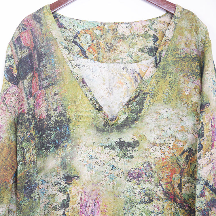 Baggy grünes Leinen Maxikleid Plus Size V-Ausschnitt Kleid Vintage seitlich offene Kaftane