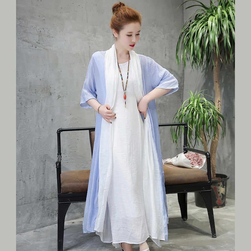 Baggy hellblaue Leinenkleider Plus Size Kleidung Halbarm Baumwollkleid feines O-Ausschnitt Leinenkleid