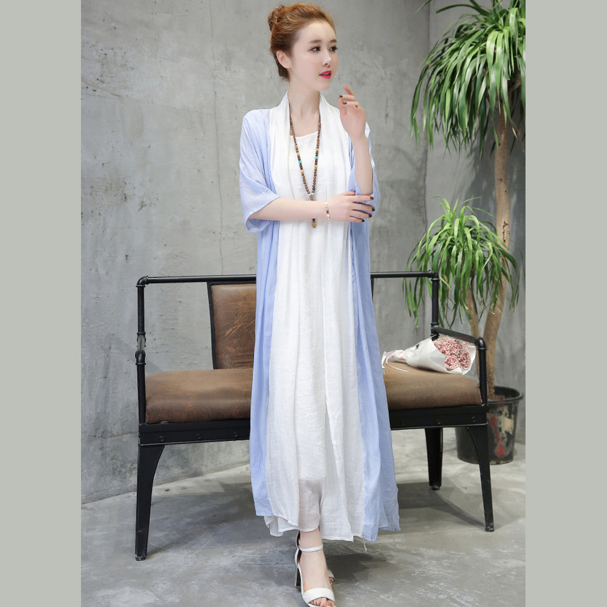 Baggy hellblaue Leinenkleider Plus Size Kleidung Halbarm Baumwollkleid feines O-Ausschnitt Leinenkleid