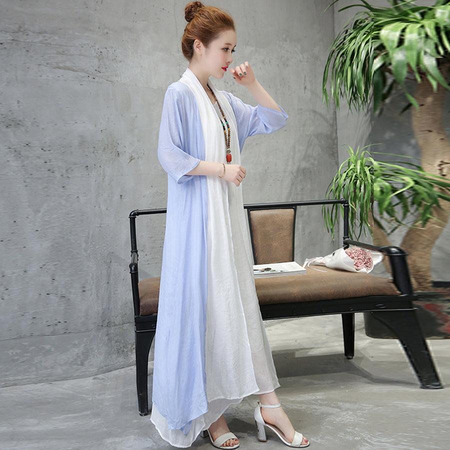 Baggy hellblaue Leinenkleider Plus Size Kleidung Halbarm Baumwollkleid feines O-Ausschnitt Leinenkleid