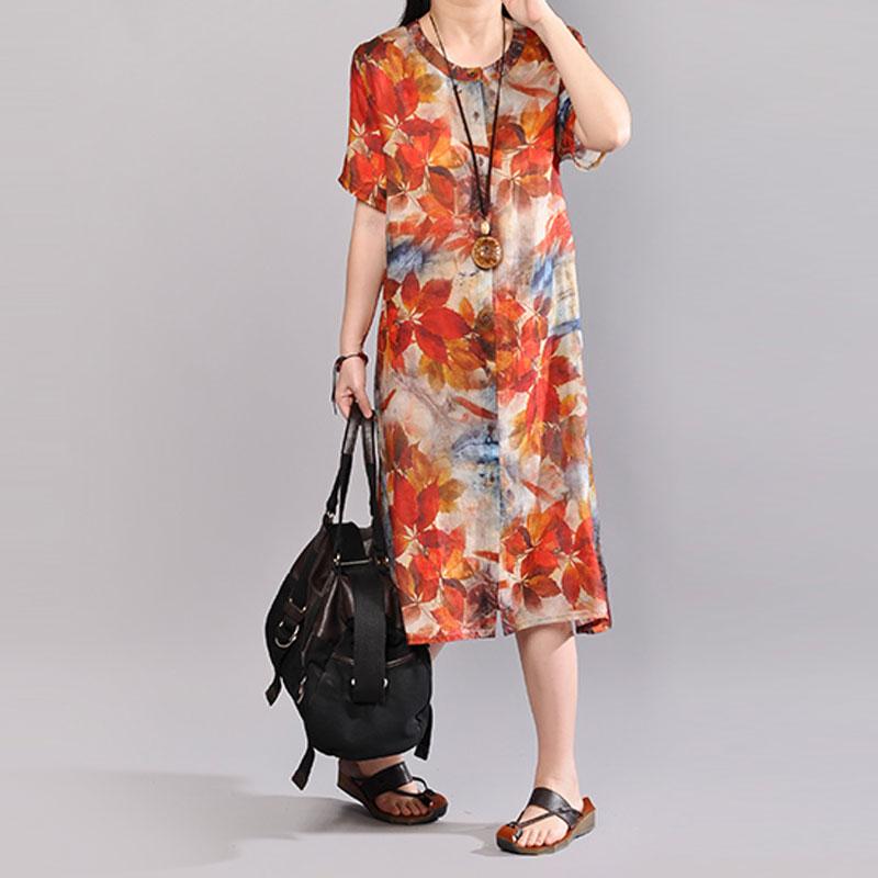 Baggy Leinen Sommerkleid Plus Size Kleidung Damen Bedrucktes Einreihiges Kurzarm Flachskleid