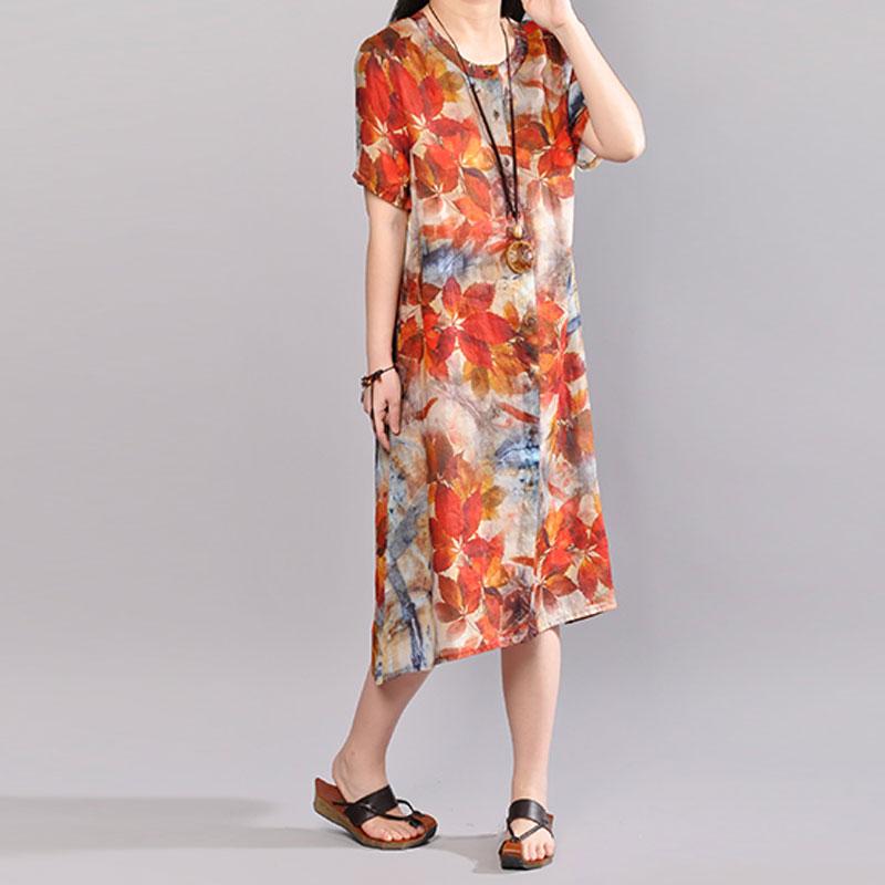 Baggy Leinen Sommerkleid Plus Size Kleidung Damen Bedrucktes Einreihiges Kurzarm Flachskleid