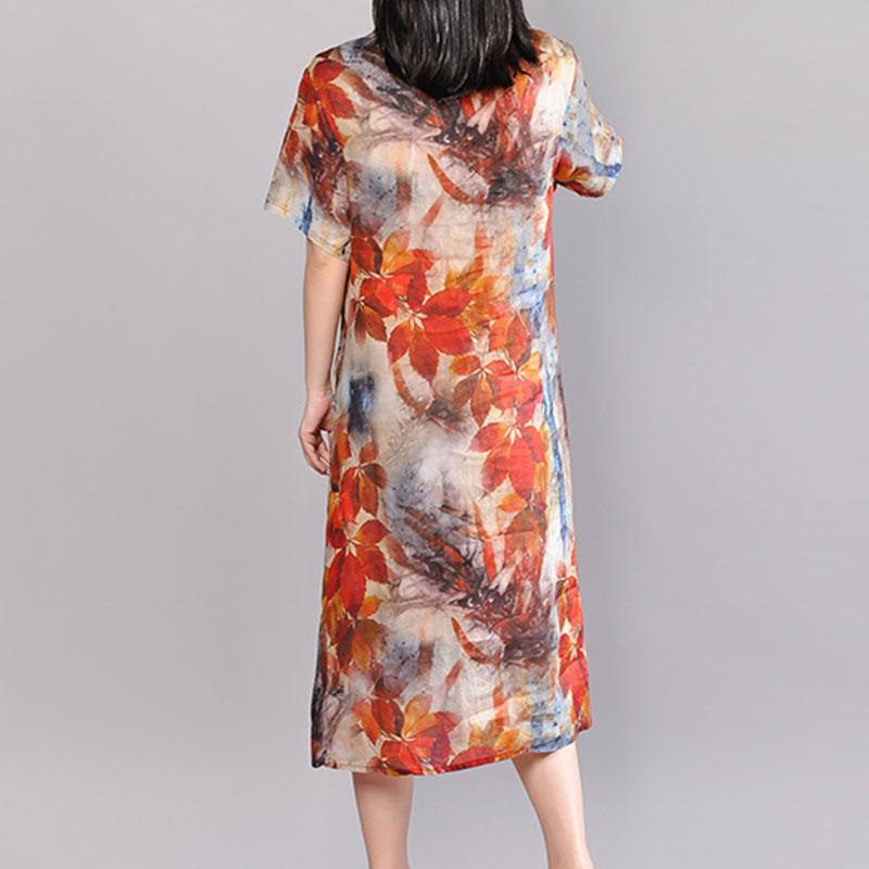 Baggy Leinen Sommerkleid Plus Size Kleidung Damen Bedrucktes Einreihiges Kurzarm Flachskleid