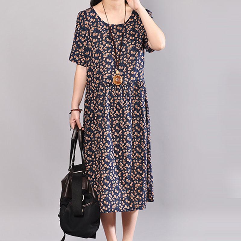 Baggy-langes Baumwollkleid, übergroßes Kleid mit Blumenmuster, Sommerkleid mit Rundhalsausschnitt und kurzen Ärmeln