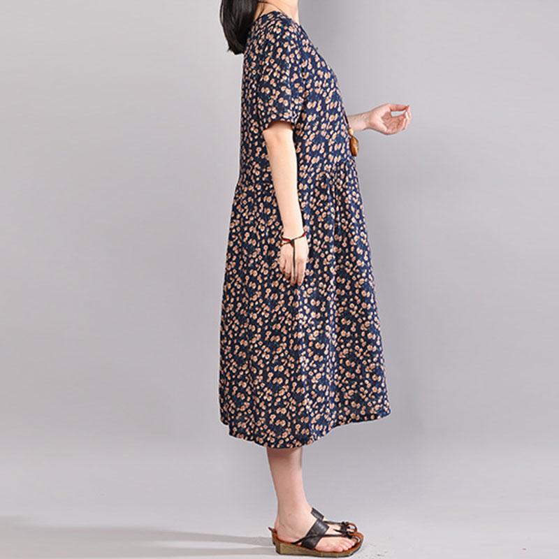 Baggy-langes Baumwollkleid, übergroßes Kleid mit Blumenmuster, Sommerkleid mit Rundhalsausschnitt und kurzen Ärmeln