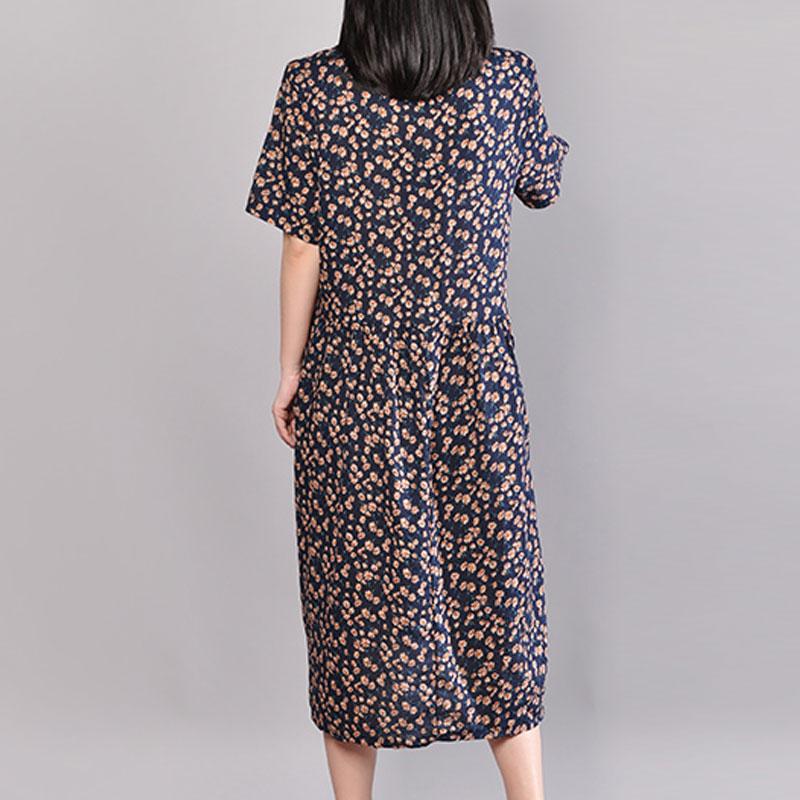 Baggy-langes Baumwollkleid, übergroßes Kleid mit Blumenmuster, Sommerkleid mit Rundhalsausschnitt und kurzen Ärmeln