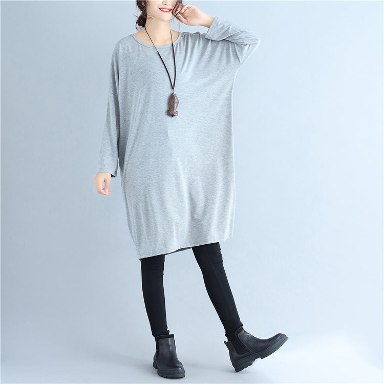 Baggy lose grau lässige Baumwollkleider O-Ausschnitt gemütliches Herbstreisekleid