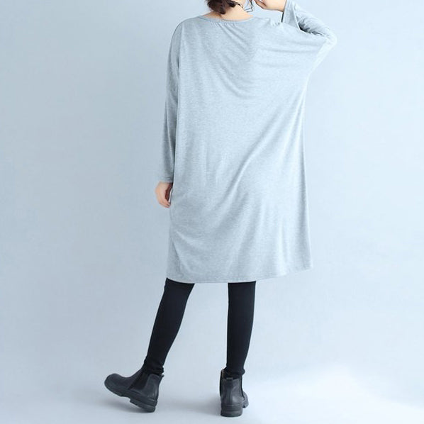 Baggy lose grau lässige Baumwollkleider O-Ausschnitt gemütliches Herbstreisekleid