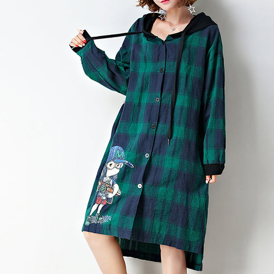 Baggy Loose Grid Baumwoll-Cardigan Oversize Low High Kapuzenmäntel Cartoon-Prints