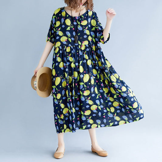 baggy navy print long cotton linen dresses plus size short sleeve print baggy dresses long Fine v neck linen cotton dress