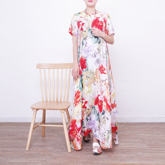 Baggy Prints, lange Leinenkleider, lässiges, übergroßes Leinenkleid mit O-Ausschnitt, Boutique-Kleid mit chinesischen Knöpfen