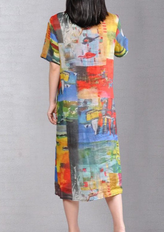 Baggy Kleider aus reinem Leinen Locker sitzendes bedrucktes einreihiges Kurzarmkleid aus Flachs