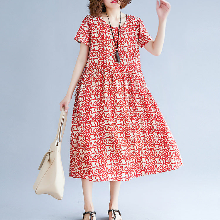 Baggy-Kleider aus rotem Baumwollleinen, locker sitzende Baggy-Kleider mit kurzen Ärmeln und Print, Maxikleid 2018, Reisekleid mit Rundhalsausschnitt