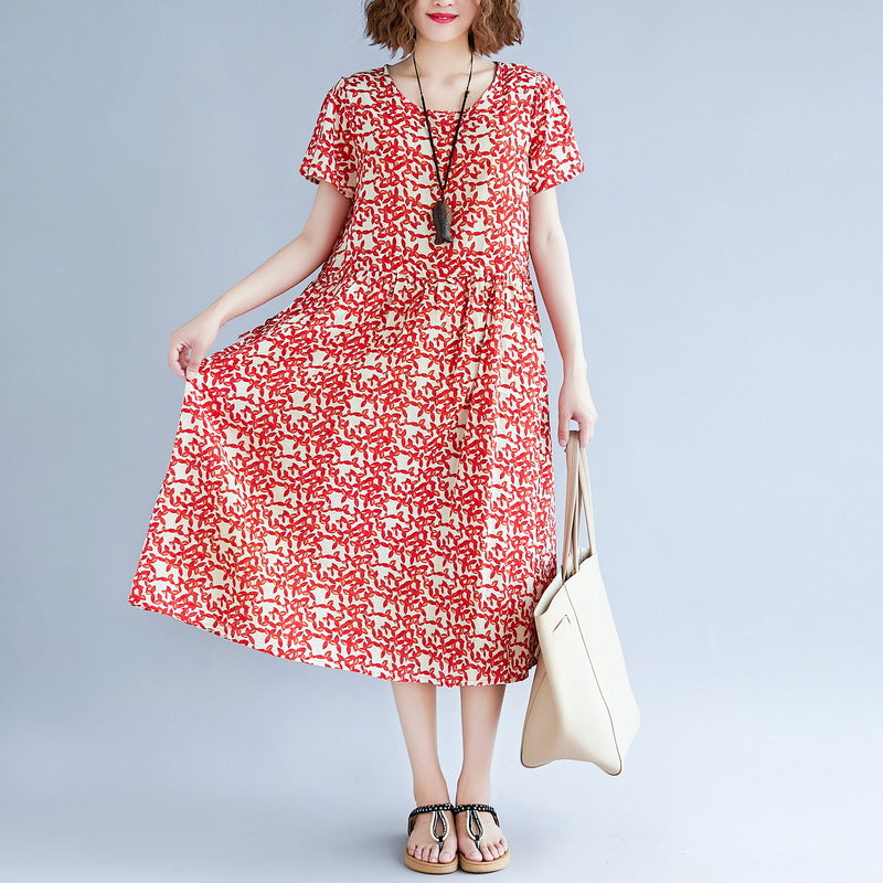 Baggy-Kleider aus rotem Baumwollleinen, locker sitzende Baggy-Kleider mit kurzen Ärmeln und Print, Maxikleid 2018, Reisekleid mit Rundhalsausschnitt
