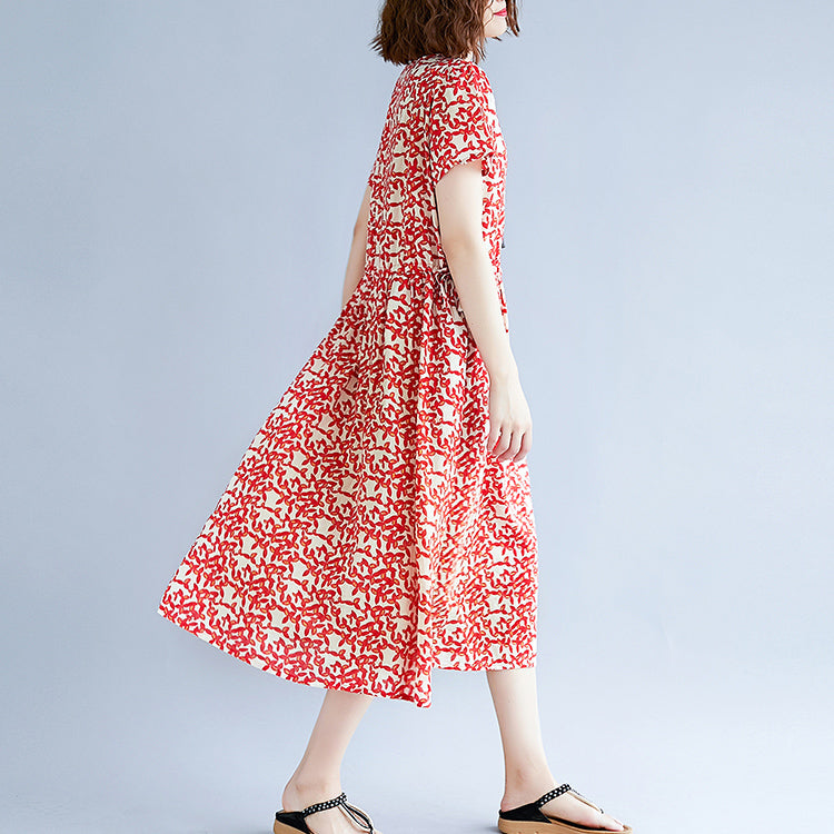 Baggy-Kleider aus rotem Baumwollleinen, locker sitzende Baggy-Kleider mit kurzen Ärmeln und Print, Maxikleid 2018, Reisekleid mit Rundhalsausschnitt