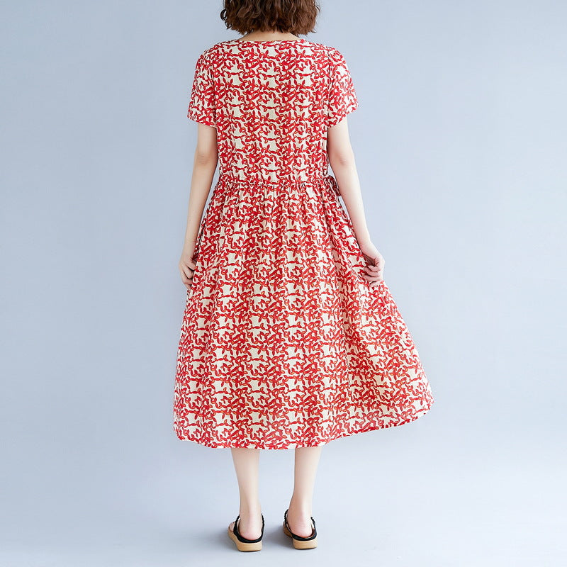 Baggy-Kleider aus rotem Baumwollleinen, locker sitzende Baggy-Kleider mit kurzen Ärmeln und Print, Maxikleid 2018, Reisekleid mit Rundhalsausschnitt