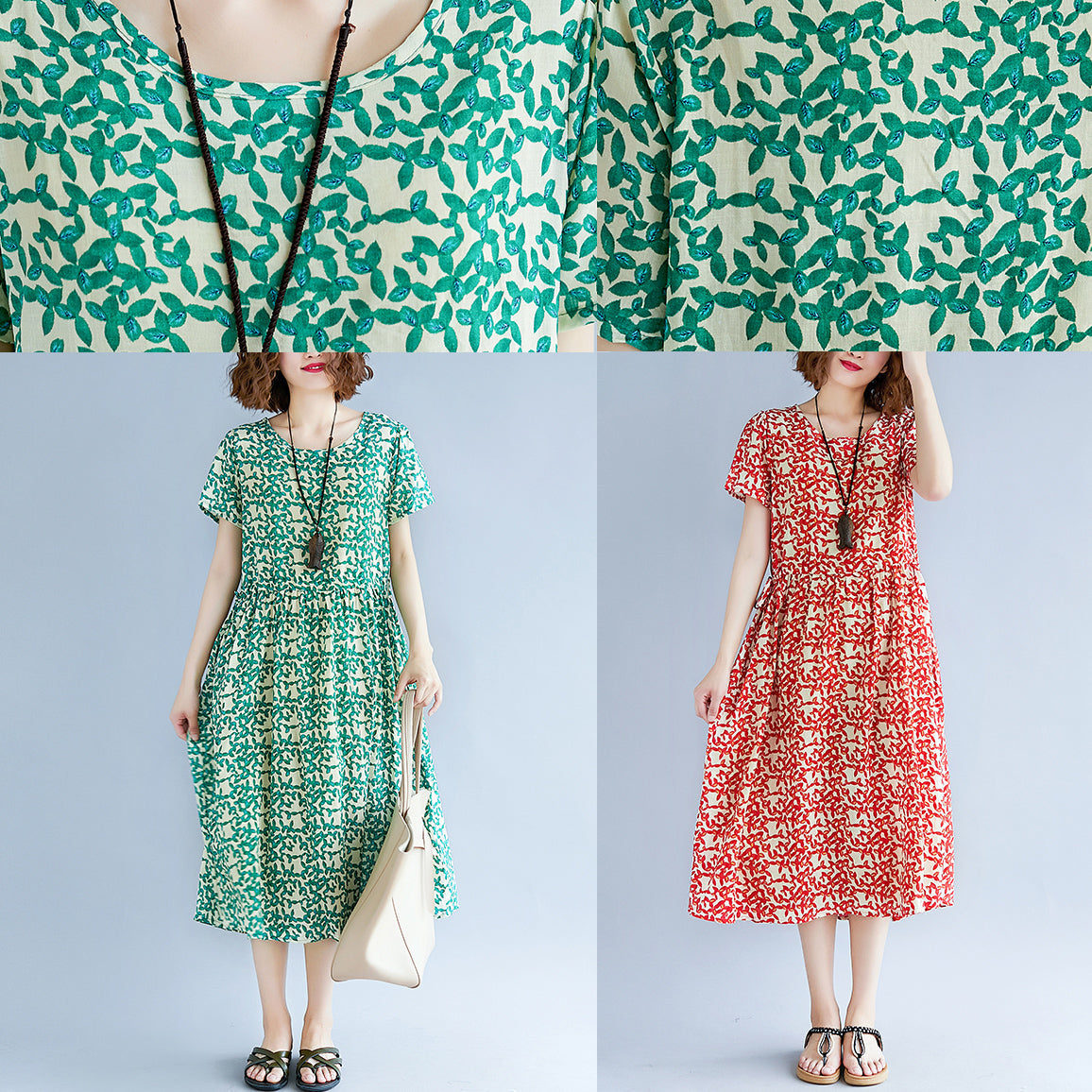 Baggy-Kleider aus rotem Baumwollleinen, locker sitzende Baggy-Kleider mit kurzen Ärmeln und Print, Maxikleid 2018, Reisekleid mit Rundhalsausschnitt