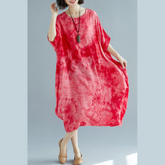 Baggy rote Leinenkleider Oversize O Hals florales Leinenkleid Elegante Kurzarm Baggy Kleider Leinenkaftane