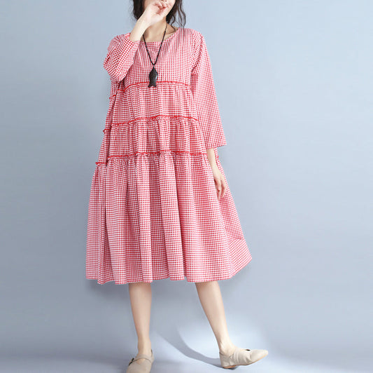 Baggy rot karierte Kleider aus reinem Leinen in Übergröße, lässiges Patchwork-Midikleid mit O-Ausschnitt