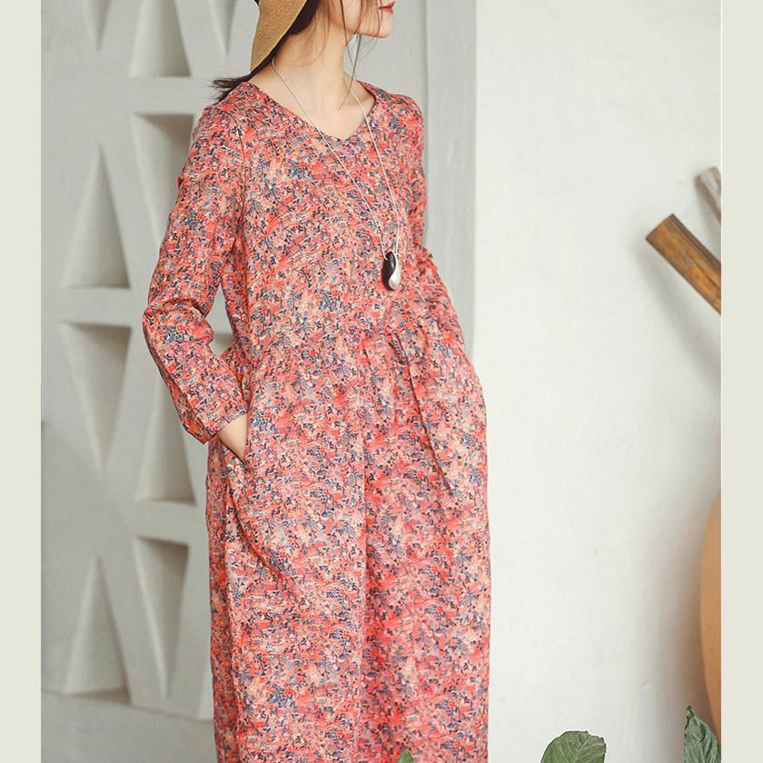 Baggy Leinenkleid mit rotem Aufdruck, Übergrößen, Urlaubskleider, Vintage-Langarm-Baggy-Kleider, O-Ausschnitt, Midikleid