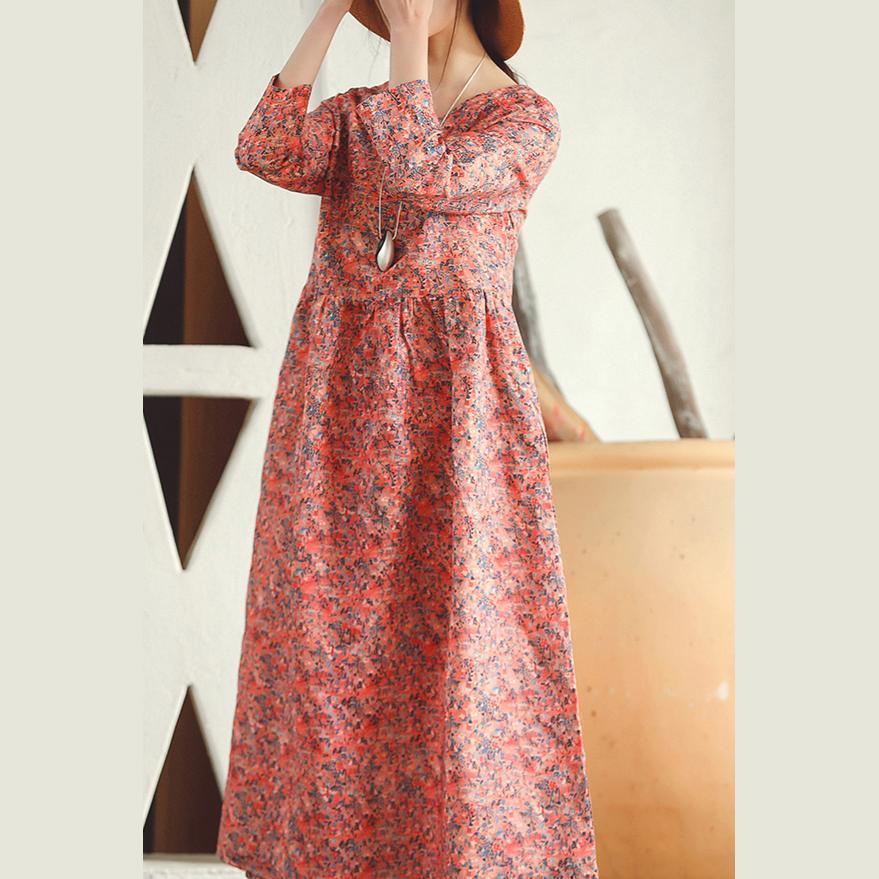 Baggy Leinenkleid mit rotem Aufdruck, Übergrößen, Urlaubskleider, Vintage-Langarm-Baggy-Kleider, O-Ausschnitt, Midikleid