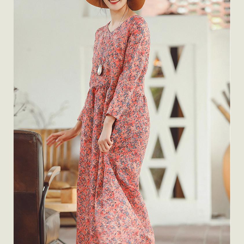 Baggy Leinenkleid mit rotem Aufdruck, Übergrößen, Urlaubskleider, Vintage-Langarm-Baggy-Kleider, O-Ausschnitt, Midikleid