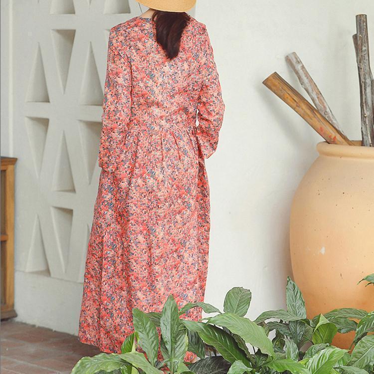 Baggy Leinenkleid mit rotem Aufdruck, Übergrößen, Urlaubskleider, Vintage-Langarm-Baggy-Kleider, O-Ausschnitt, Midikleid