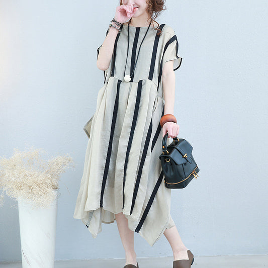 Baggy gestreifte Chiffon-Kaftane übergroßes asymmetrisches Chiffon-Kleid im Vintage-Stil mit Rundhalsausschnitt