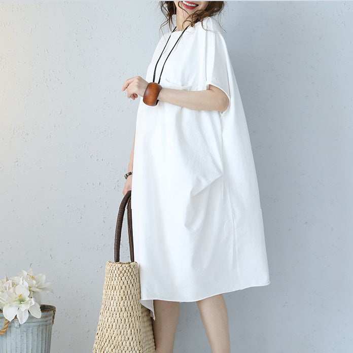 Baggy-Kleid aus weißer Naturbaumwolle, übergroßes Baumwollkleidungskleid, lässiges Kurzarm-Baumwollkleid mit Rundhalsausschnitt