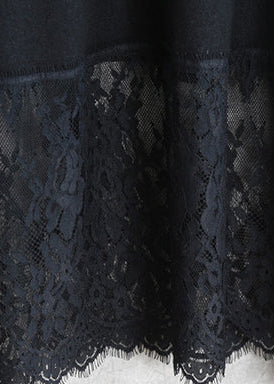 Baggy schwarze lange Wollmischkleider lässig O-Ausschnitt Patchwork Reisekleid Elegantes Langarm-Spitzen-Herbstkleid