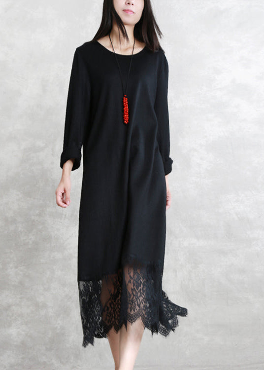 Baggy schwarze lange Wollmischkleider lässig O-Ausschnitt Patchwork Reisekleid Elegantes Langarm-Spitzen-Herbstkleid