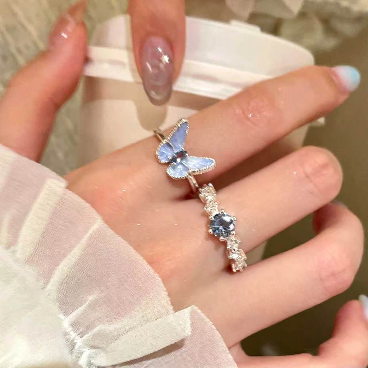 Cute Blue Copper Zircon Butterfly Rings Two-Piece Set