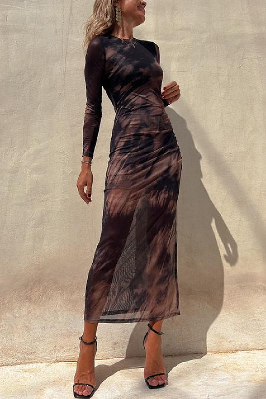 Mesh Tie-Dye Ruched Long Sleeve Midi Dress