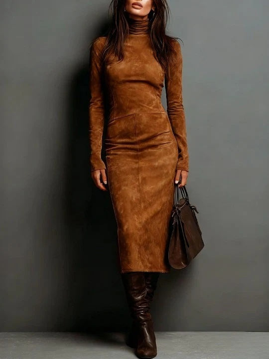High Neck Long Sleeve Suede Midi Dress