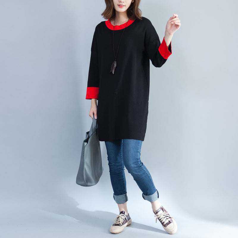schwarzer lässiger Baumwollpullover Tops Oversize Langarmpullover
