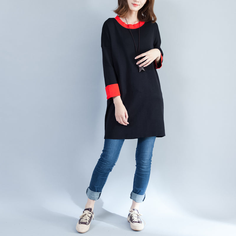 schwarzer lässiger Baumwollpullover Tops Oversize Langarmpullover