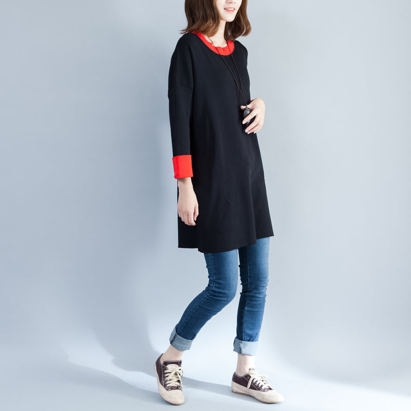 schwarzer lässiger Baumwollpullover Tops Oversize Langarmpullover