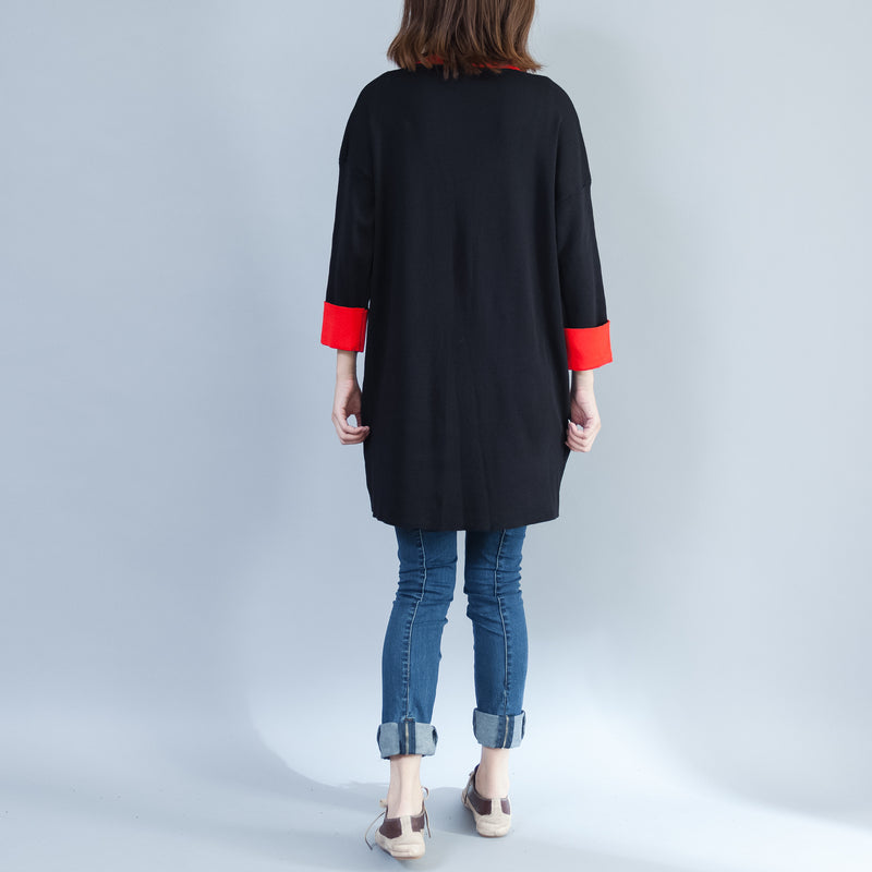 schwarzer lässiger Baumwollpullover Tops Oversize Langarmpullover