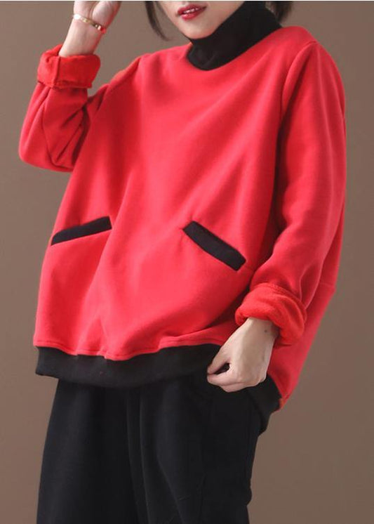 black cotton clothes two pockets Plus Size Clothing patchwork high neck shirts - SooLinen