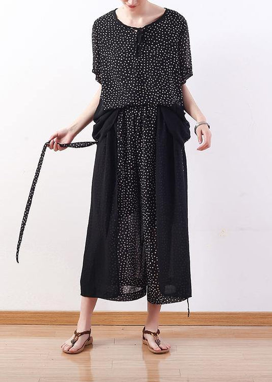 black dotted chiffon pullover tops with women patchwork pants two pieces - SooLinen