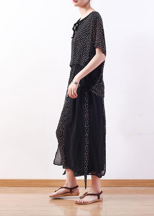 black dotted chiffon pullover tops with women patchwork pants two pieces - SooLinen