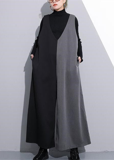 schwarz grau Patchwork lässige Baumwolle V-Ausschnitt Jumpsuit Hose Mode weite Beinhose