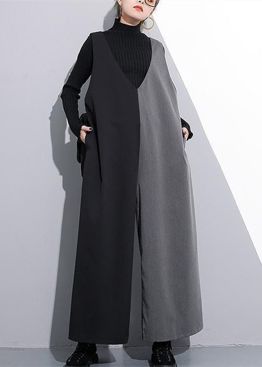 schwarz grau Patchwork lässige Baumwolle V-Ausschnitt Jumpsuit Hose Mode weite Beinhose