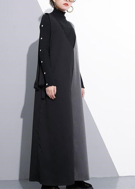schwarz grau Patchwork lässige Baumwolle V-Ausschnitt Jumpsuit Hose Mode weite Beinhose