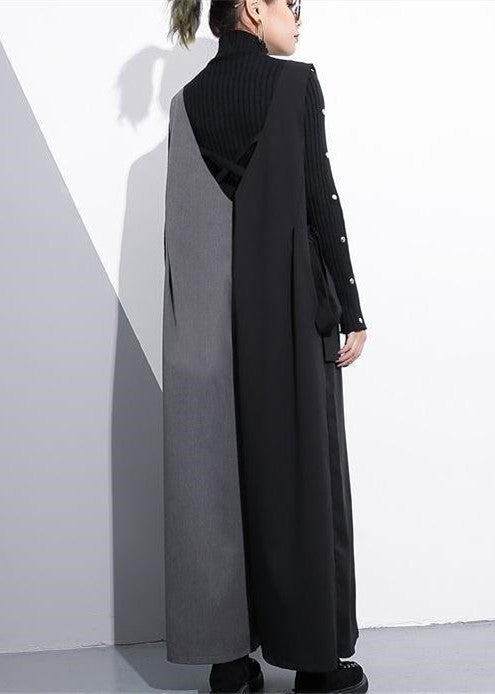 schwarz grau Patchwork lässige Baumwolle V-Ausschnitt Jumpsuit Hose Mode weite Beinhose