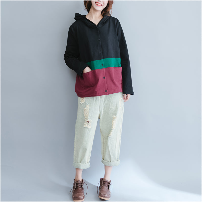 schwarze Patchwork-Mäntel aus dicker Baumwolle in Übergröße, lässige Oberbekleidung mit Kapuze