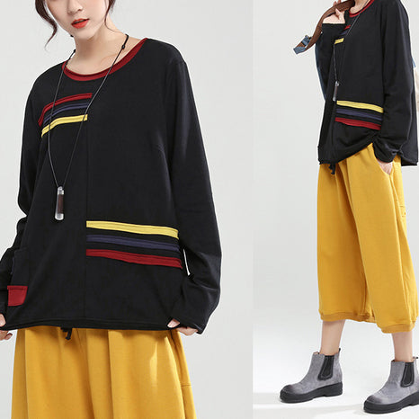 schwarzer Patchwork-Oversize-Baumwollpullover, lässige Mode-Tops