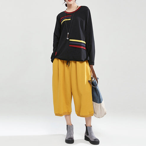 schwarzer Patchwork-Oversize-Baumwollpullover, lässige Mode-Tops