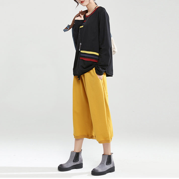 schwarzer Patchwork-Oversize-Baumwollpullover, lässige Mode-Tops