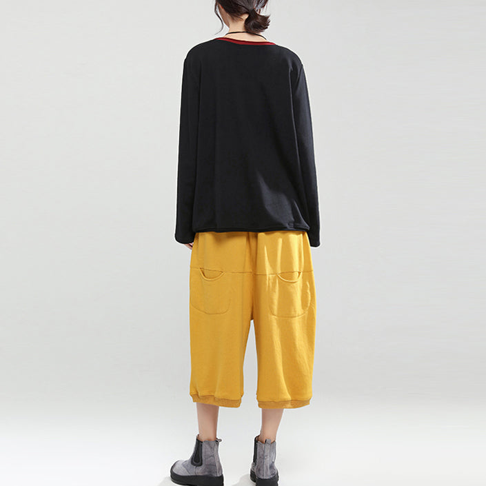 schwarzer Patchwork-Oversize-Baumwollpullover, lässige Mode-Tops